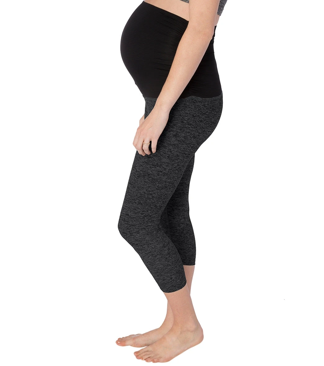 Beyond Yoga: Beyond The Bump Spacedye Fold Down Maternity Yoga Capris Black-Steel