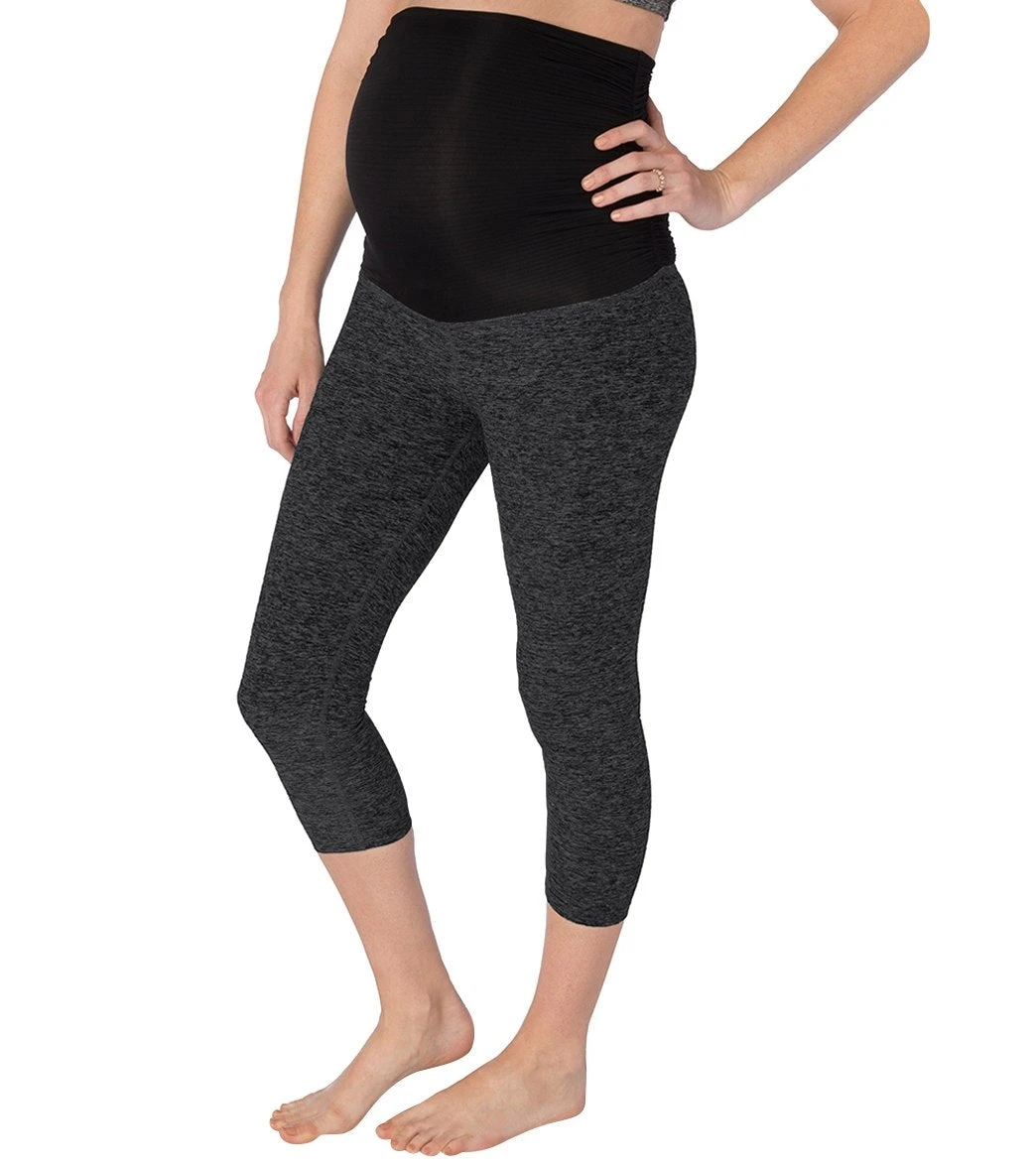 Beyond Yoga: Beyond The Bump Spacedye Fold Down Maternity Yoga Capris Black-Steel - Image 2