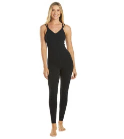 Everyday Yoga Radiant Solid Strappy Back Long Leotard 28" Black