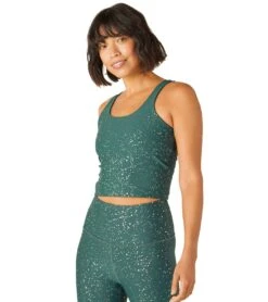 Beyond Yoga Keep It Simple Cropped Yoga Tank Hunter Green Antique Gold Sparkle