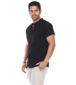 Yak & Yeti Men's Button Up Kurta Shirt Solid Color Black